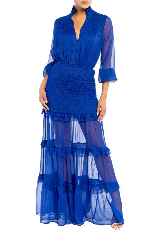 Elegant Royal Blue Button Down Elastic Ruffle Maxi Dress with Long Sle EDITE MODE Elegant Royal Blue Button Down Elastic Ruffle Maxi Dress with Long Sle EDITE MODE