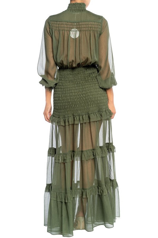 Elegant Olive Green Button Down Elastic Ruffle Maxi Dress with Long Sleeve