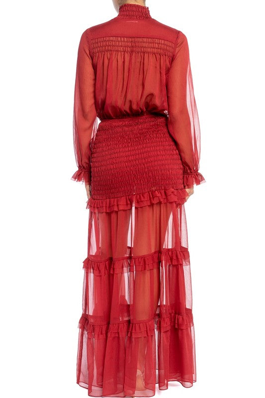 Elegant Wine Button Down Elastic Ruffle Maxi Dress with Long Sleeve