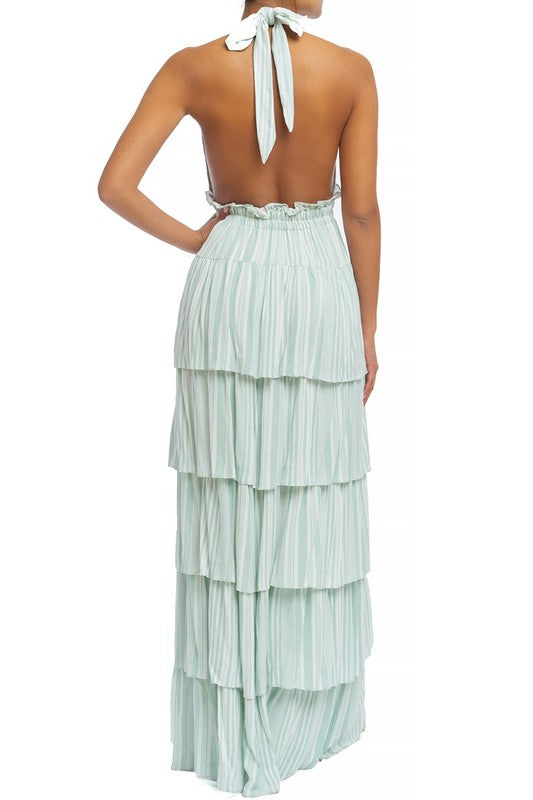 Fashion Summer Mint Marine Ruffle Halter V-Neck Maxi Dress