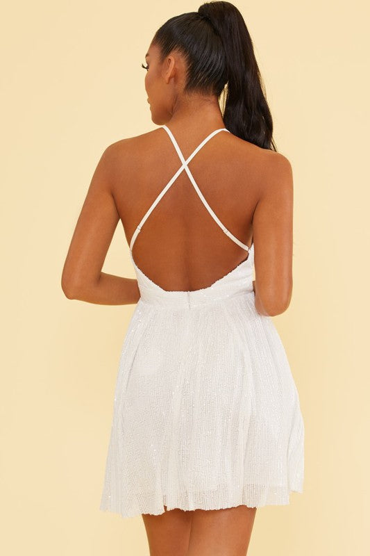 Elegant White Sequence Strap Deep V-Neck Dress