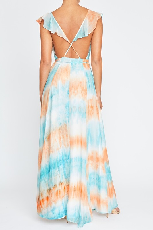 Elegant Orange Multi-Color Wrap Ruffle Strap Maxi Dress