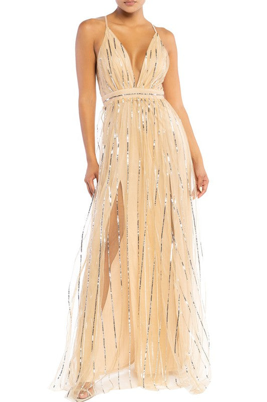 Elegant Nude Silver Sequence Glitter Strap Deep V-Neck Gown Dress L / Nude Elegant Nude Silver Sequence Glitter Strap Deep V-Neck Gown Dress L / Nude