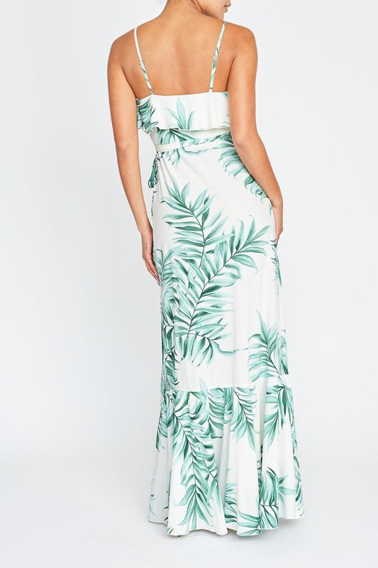 Elegant White Green Tropcal Print Wrap Ruffle Strap Maxi Dress