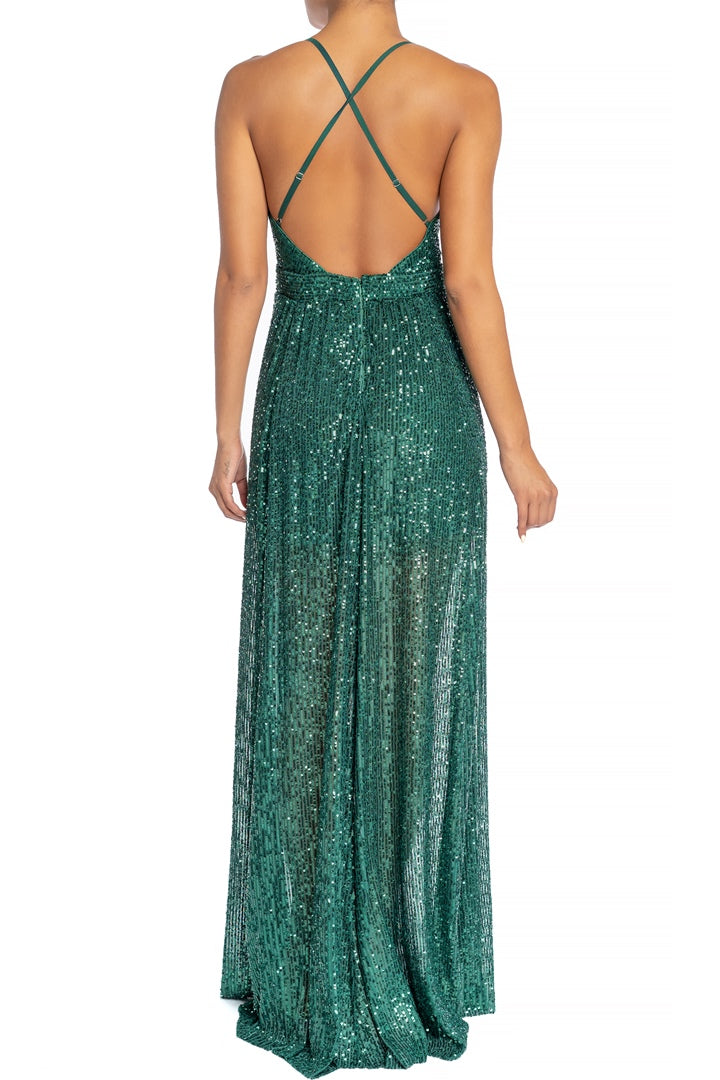 Elegant Green Sequence Strap Deep V-Neck Gown Dress