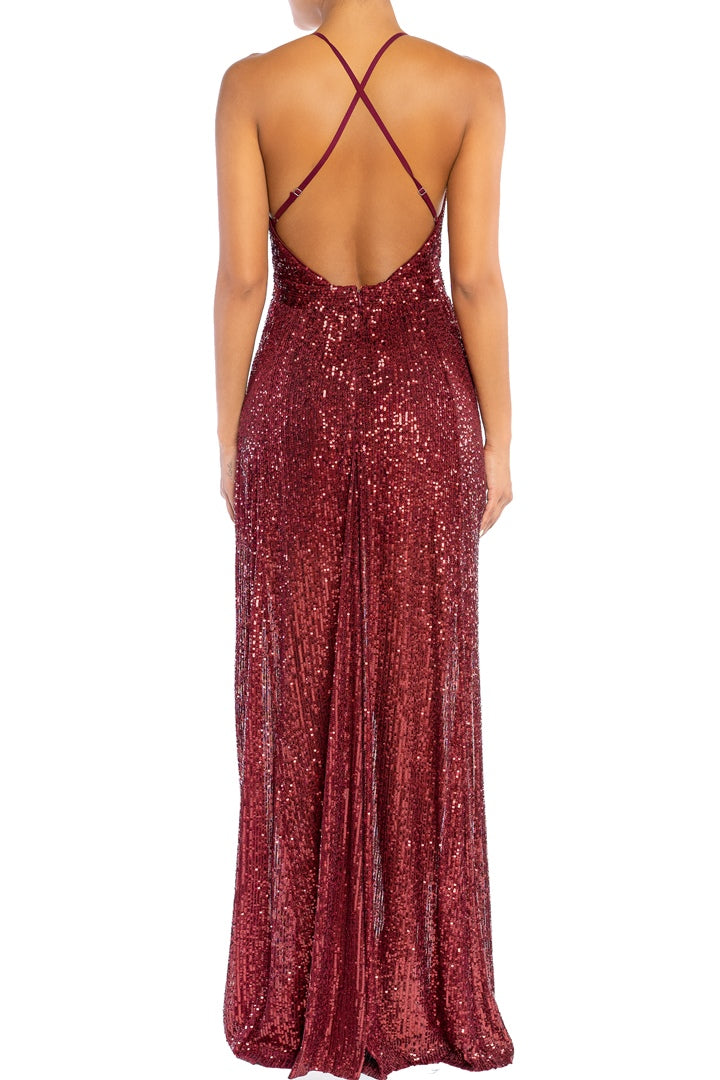 Elegant Wine Sequence Strap Deep V-Neck Gown Dress