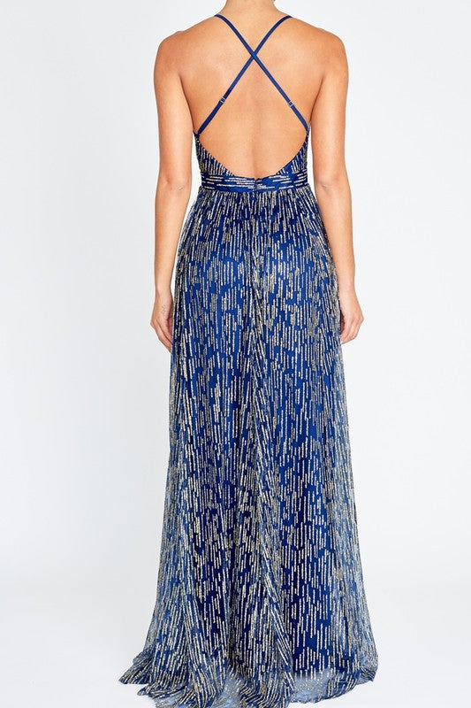 Elegant Navy Gold Glitter Strap Deep V-Neck Gown