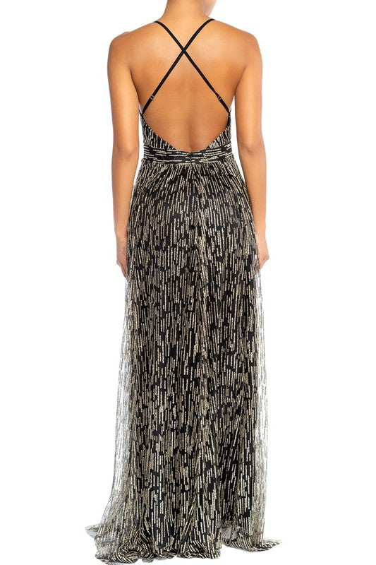 Elegant Black Gold Glitter Strap Deep V-Neck Gown