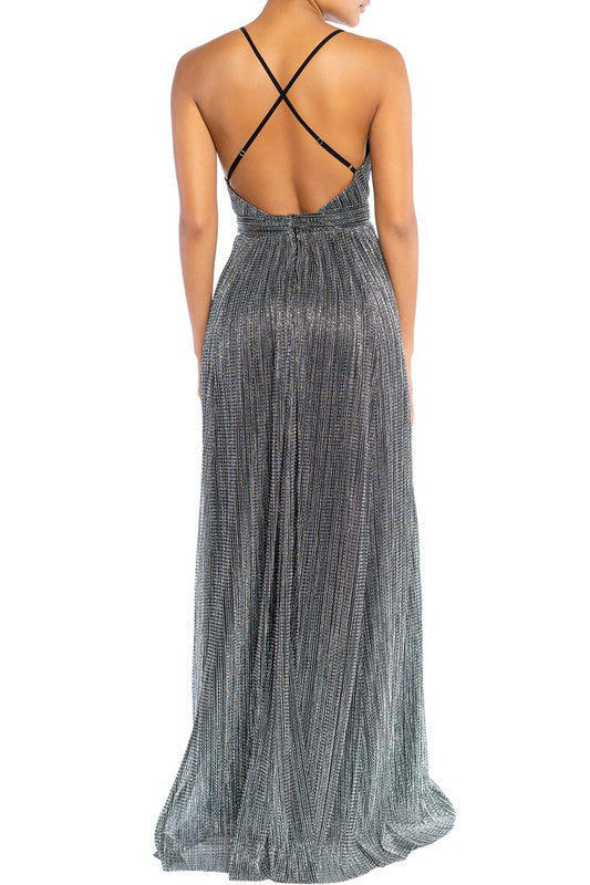 Elegant Black Silver Textured Detailed Strap Deep V-Neck Gown