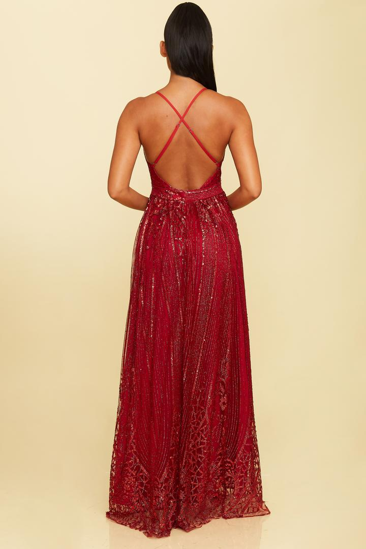 Elegant Red Sequence Glitter Baroque Strap Deep V-Neck Gown Dress