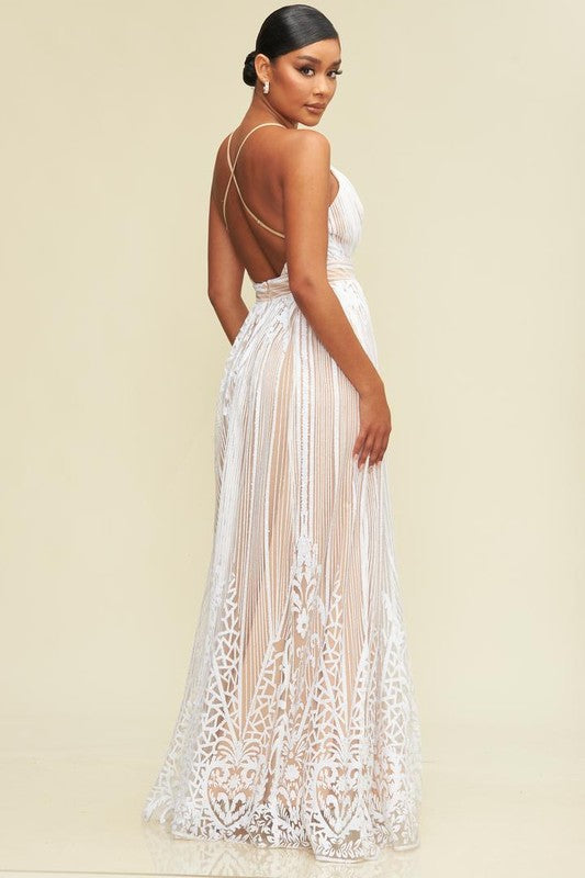 Elegant White-Nude Sequence Glitter Baroque Strap Deep V-Neck Gown Dress