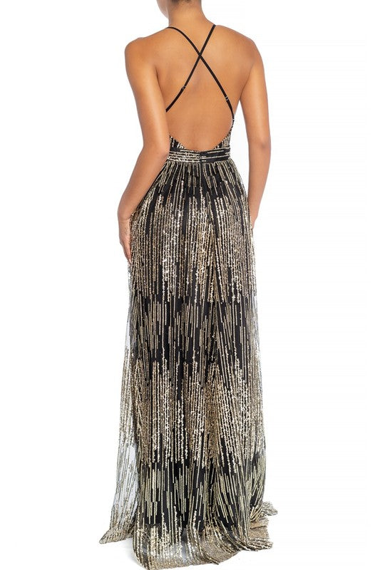Elegant Black Gold Sequence Glitter Strap Deep V-Neck Gown Dress