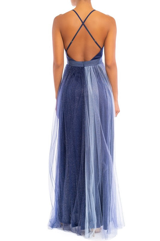 Elegant Navy Silver Glitter Strap Deep V-Neck Maxi Dress