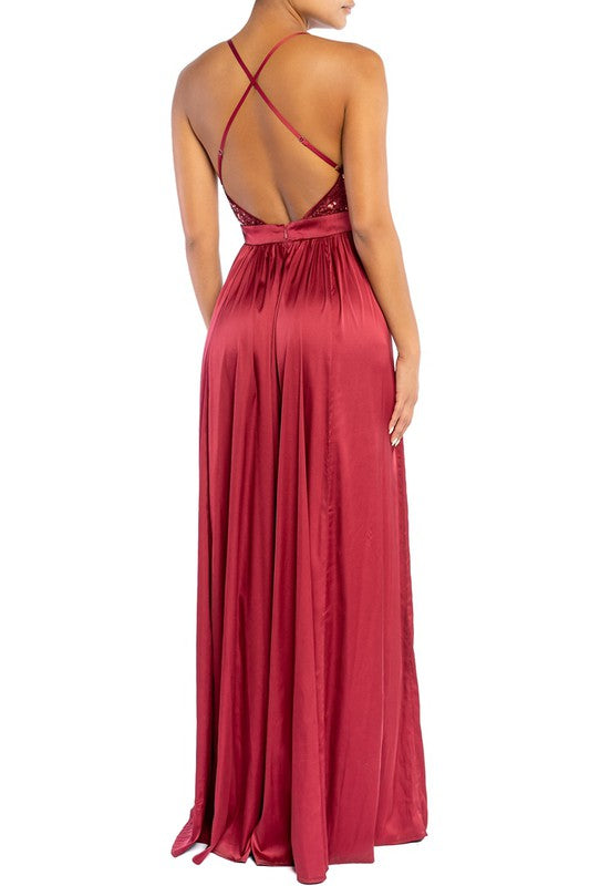 Elegant Wine Sequence Strap Deep V-Neck Satin Maxi Dress