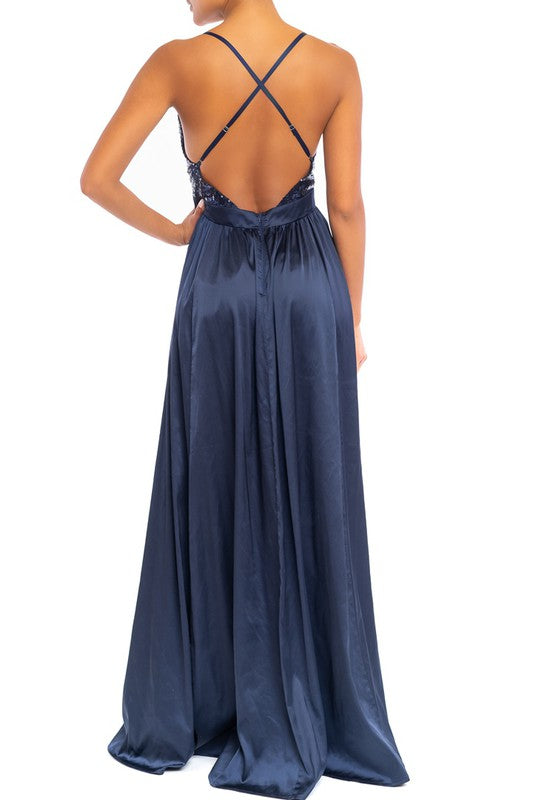 Elegant Navy Sequence Strap Deep V-Neck Satin Maxi Dress