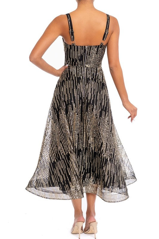 Elegant Black Gold Sequence Glitter Layered Ruffle Dress