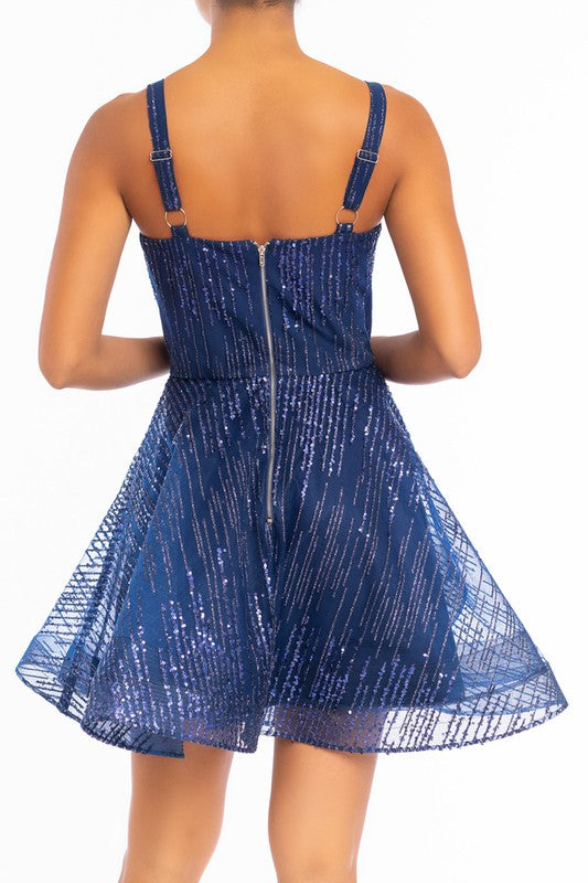 Elegant Navy Sequence Glitter Layered Ruffle Flare Dress