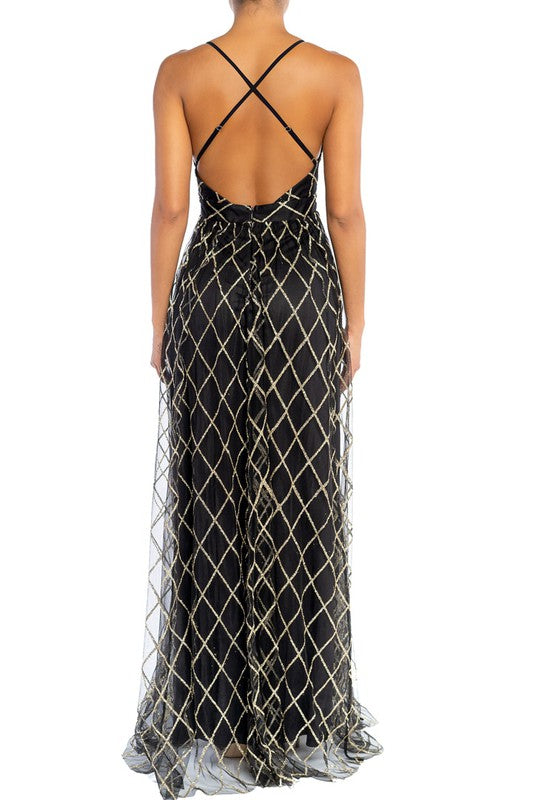 Elegant Black Gold Geometric Glitter Strap Deep V-Neck Gown