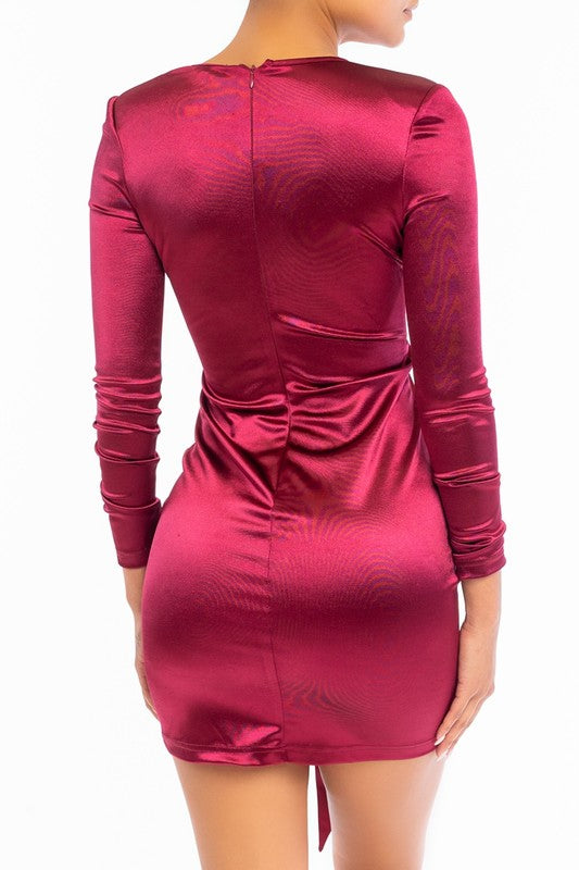 Elegant Plum Satin Deep V-Neck Wrap Tie-Up Dress with Long Sleeve