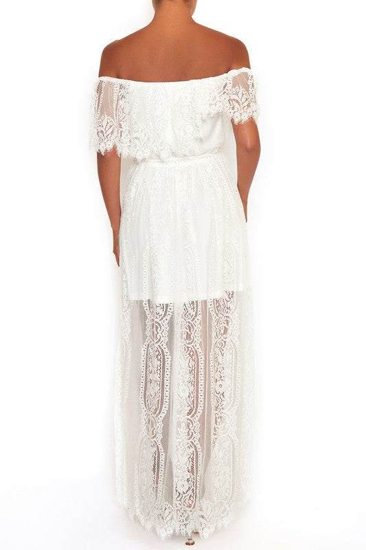 Elegant Off Shoulder White Lace Detailed Maxi Dress