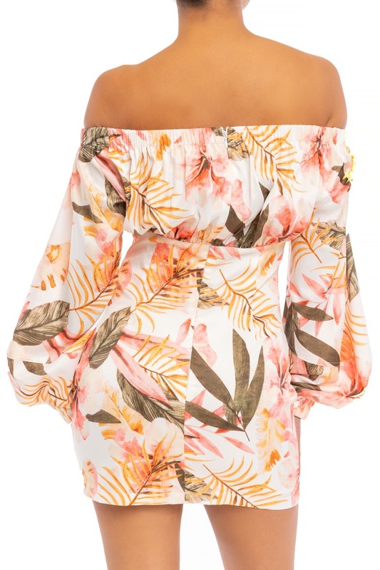 Elegant White Off Shoulder Multi-Color Tropical Print Button Down Dress with Puffy Sleeve