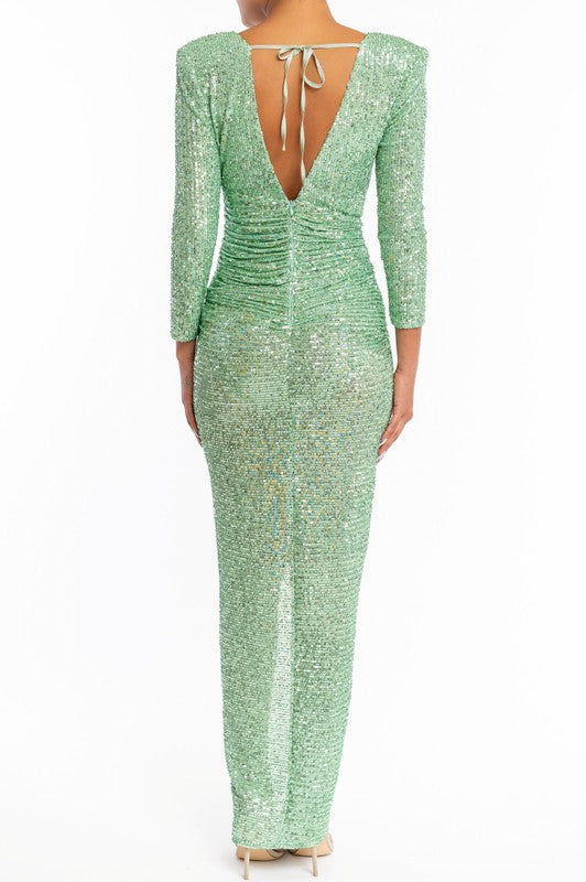 Elegant Mint Sequence Deep V-Neck Ruched Maxi Dress with Long Sleeve