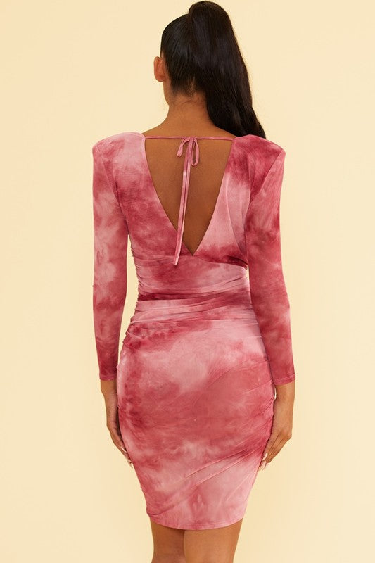 Fashion Wine Tie Dye Mesh Deep V-Neck Ruched Dress with Long Sleeve