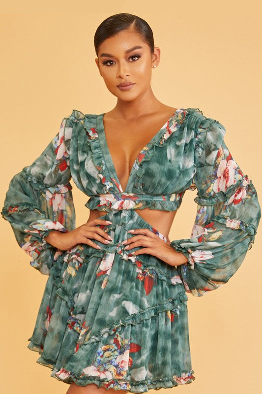 Elegant Hunter Green Multi-Color Floral Print V-Neck Ruffle Cut-Out Ba EDITE MODE Elegant Hunter Green Multi-Color Floral Print V-Neck Ruffle Cut-Out Ba EDITE MODE