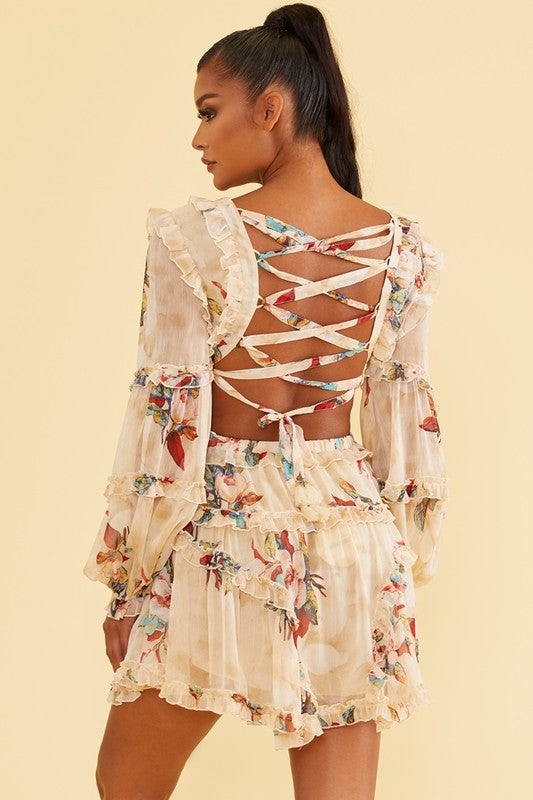 Elegant Ivory Multi-Color Floral Print V-Neck Ruffle Cut-Out Back Tie-Up Dress with Long Sleeve