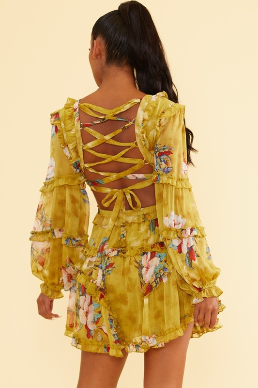Elegant Moss Multi-Color Floral Print V-Neck Ruffle Cut-Out Back Tie-Up Dress with Long Sleeve