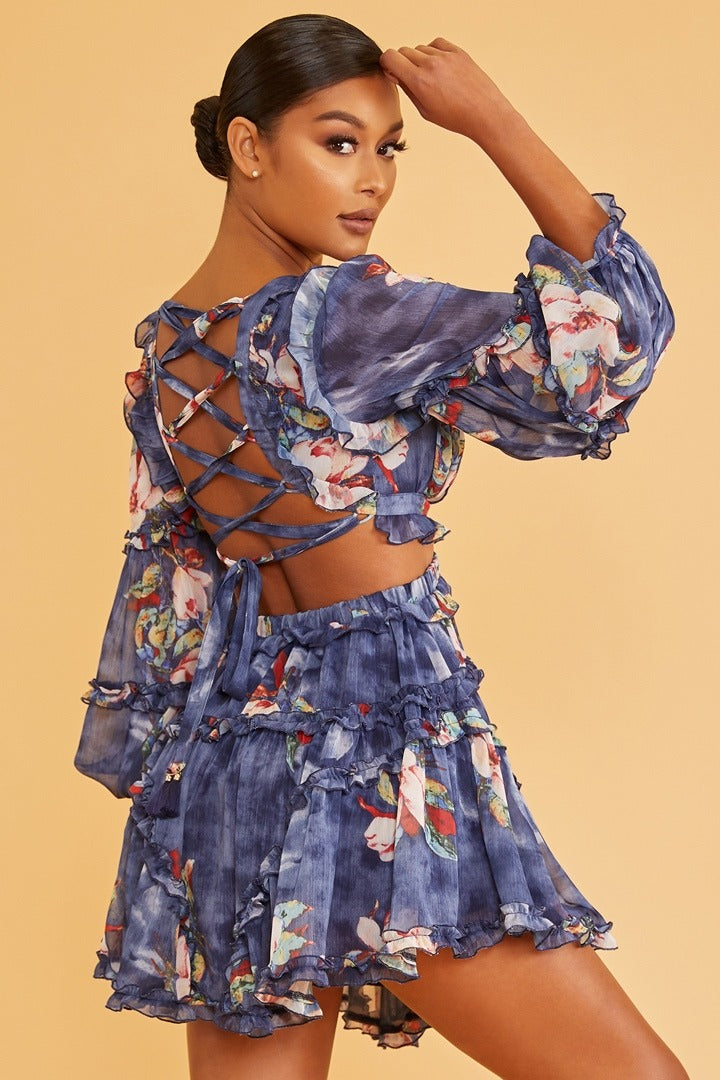 Elegant Navy Multi-Color Floral Print V-Neck Ruffle Cut-Out Back Tie-Up Dress with Long Sleeve