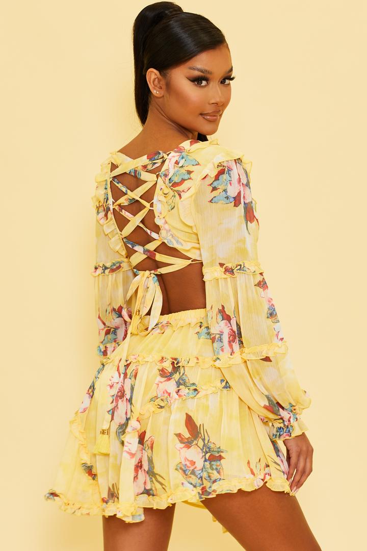 Elegant Light Yellow Multi-Color Floral Print V-Neck Ruffle Cut-Out Back Tie-Up Dress with Long Sleeve