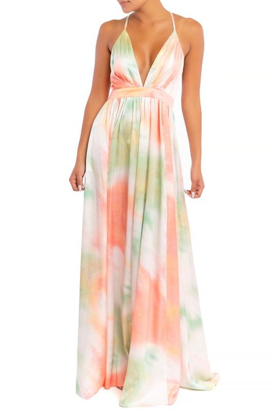 Elegant Orange Green Pastel Watercolor Satin Strap Deep V-Neck Maxi Dr EDITE MODE Elegant Orange Green Pastel Watercolor Satin Strap Deep V-Neck Maxi Dr EDITE MODE