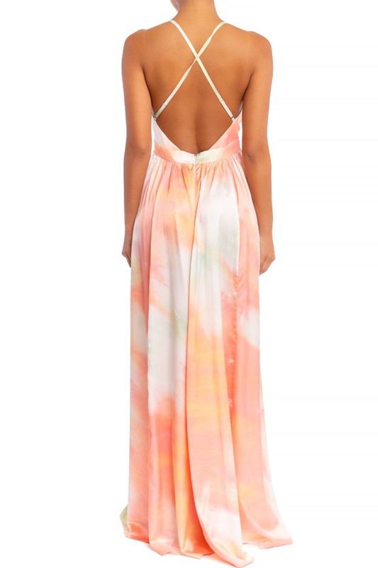 Elegant Orange Green Pastel Watercolor Satin Strap Deep V-Neck Maxi Dress