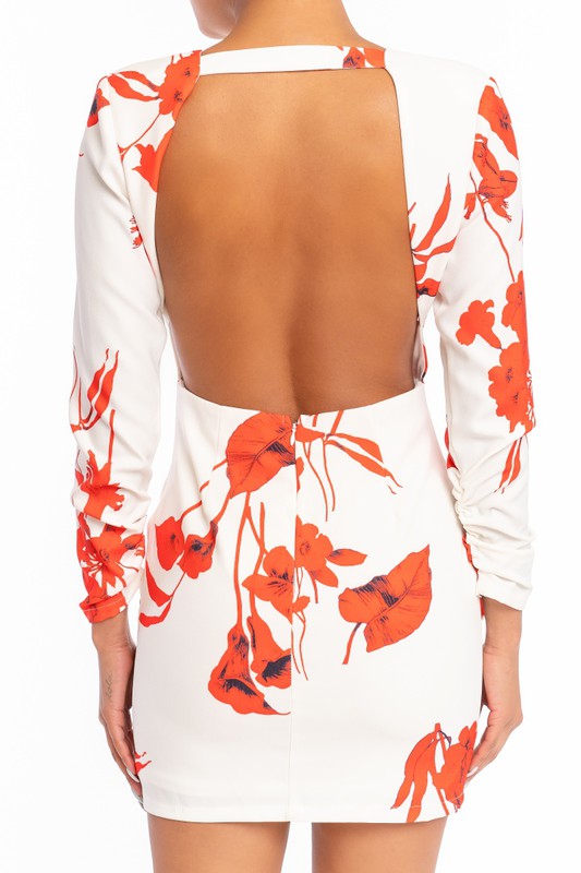 Elegant White Red Floral Print Deep V-Neck Ruffle Tie-Up Open Back Dress with Long Sleeve