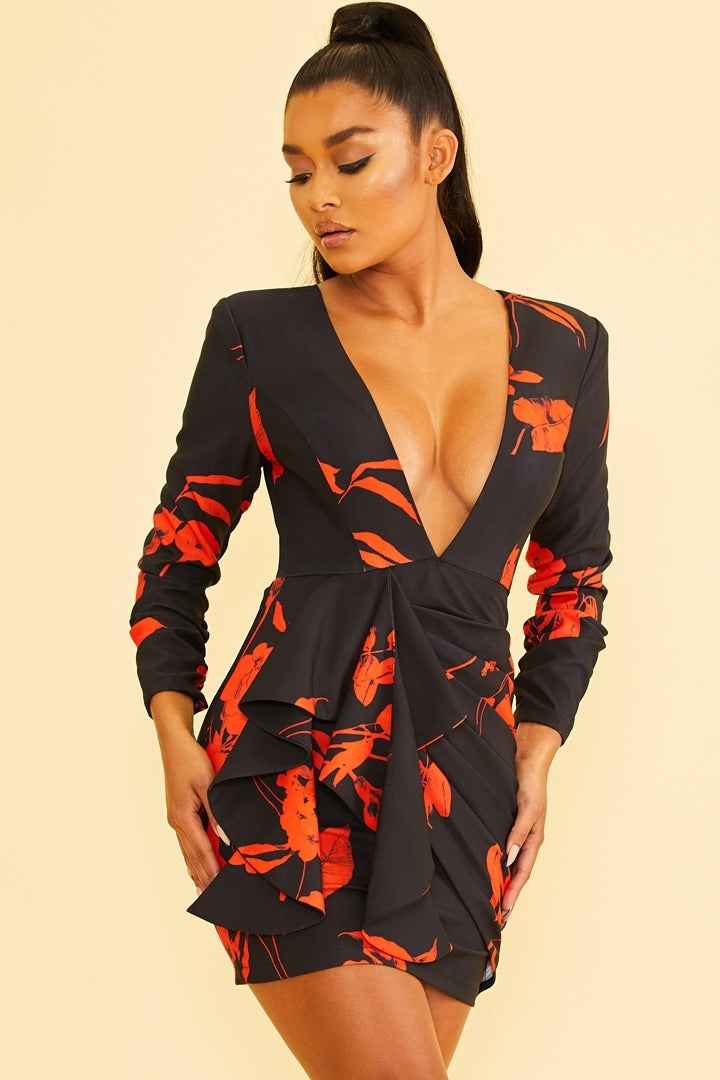 Elegant Black Red Floral Print Deep V-Neck Ruffle Tie-Up Open Back Dress with Long Sleeve L / Black Elegant Black Red Floral Print Deep V-Neck Ruffle Tie-Up Open Back Dress with Long Sleeve L / Black