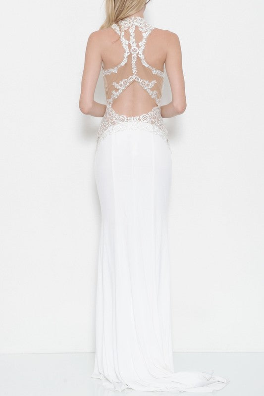 Elegant Ivory Floral Lace Halter Cocktail Gown
