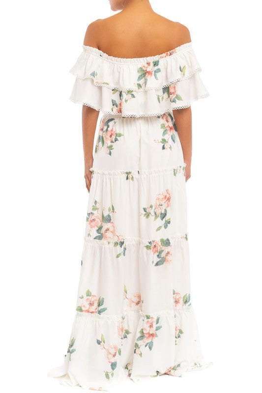 Elegant White Multi-Color Floral Print Off Shoulder Ruffle Tassel Maxi Dress