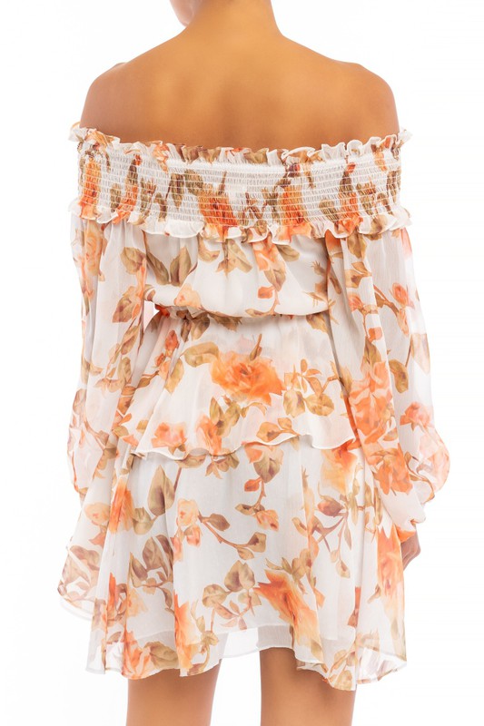Elegant White Multi-Color Floral Print Off Shoulder Ruffle Dress with Bell Sleeve