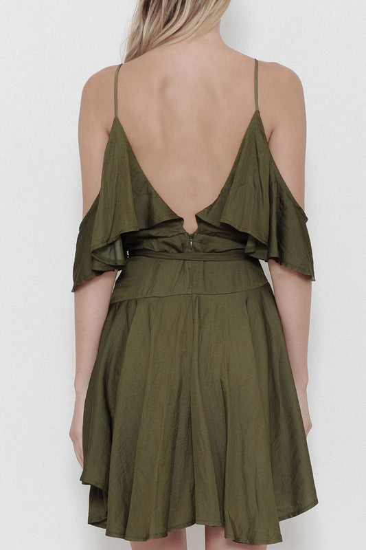 Fashion Off Shoulder Ruffle Olive Dress