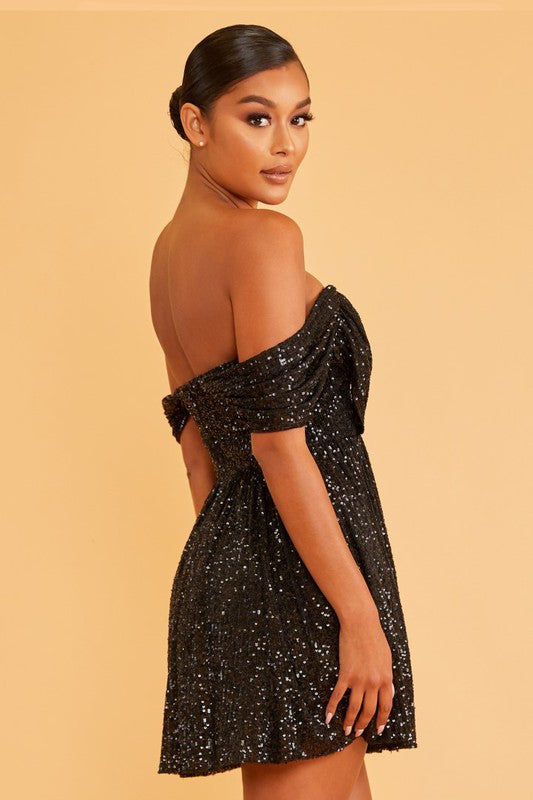 Elegant Cocktail Off Shoulder V-Neck Black Sequence Dress