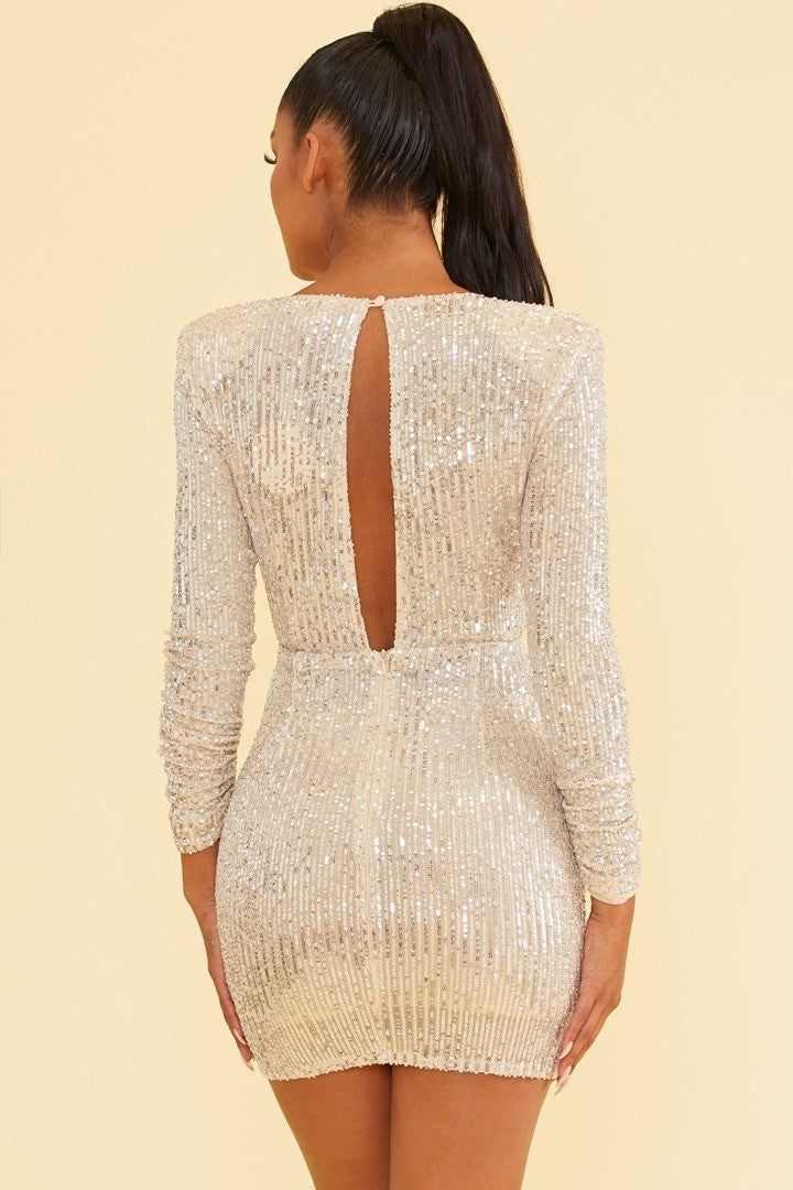 Elegant Nude Silver Sequence Deep V-Neck Ruffle Tie-Up Open Back Dress with Long Sleeve