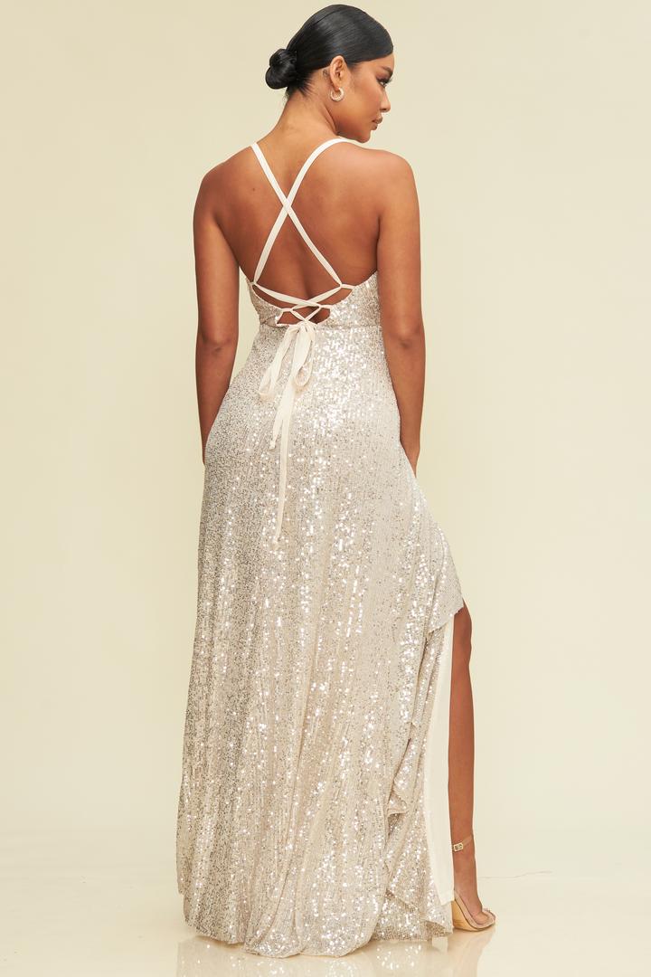 Elegant Strap Ruffle Nude Silver Sequence Maxi Dress with Middle Slit