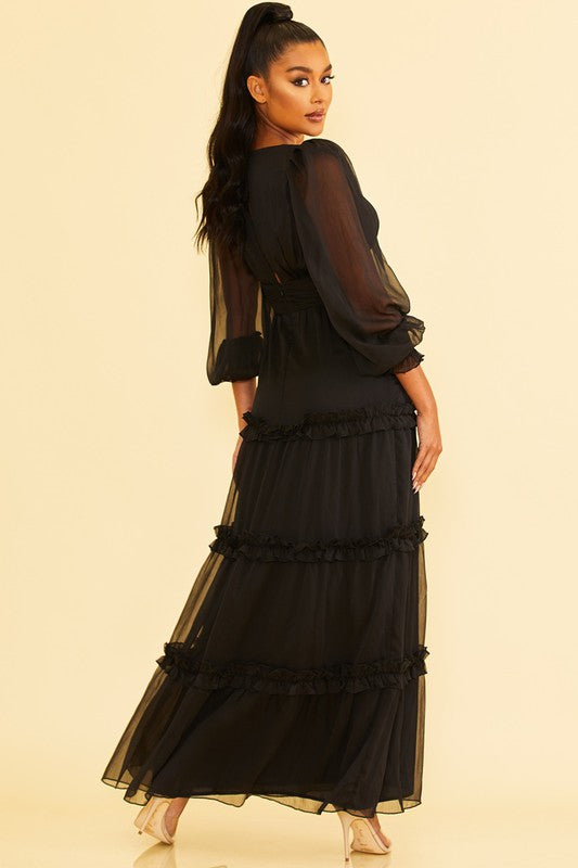Elegant Black V-Neck Ruffle Maxi Dress with Bell Sleeve