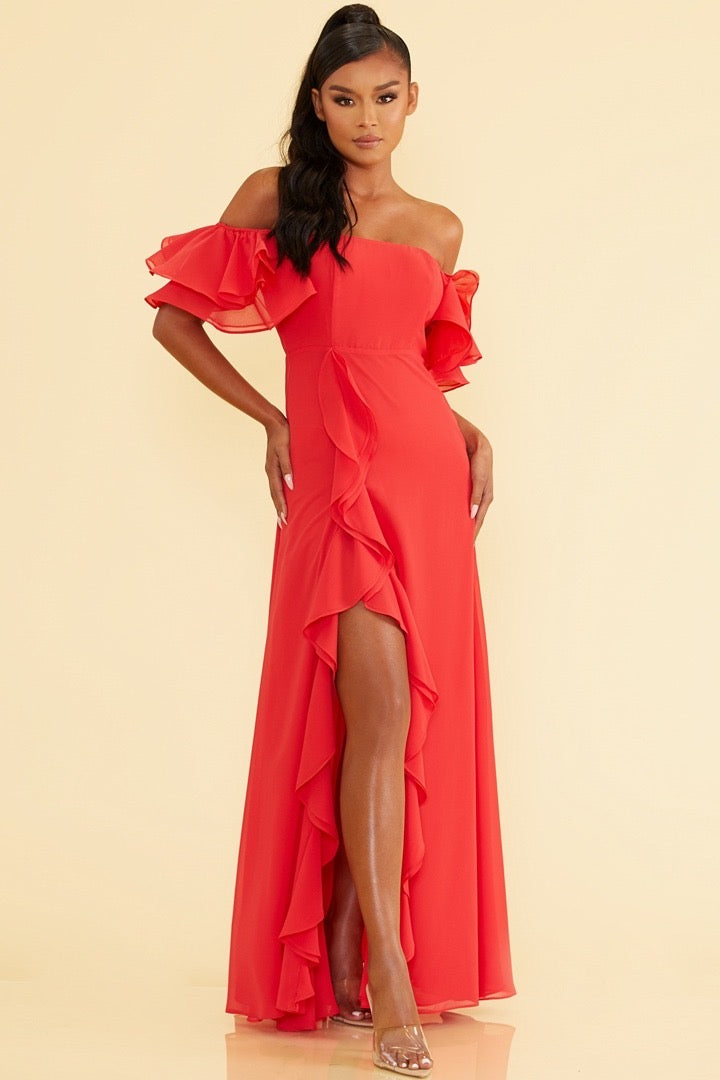 Elegant Off Shoulder Ruffle Red Maxi Dress with Middle Slit EDITE MODE Elegant Off Shoulder Ruffle Red Maxi Dress with Middle Slit EDITE MODE
