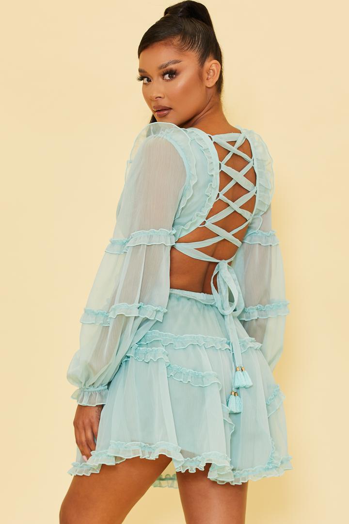 Elegant Mint V-Neck Ruffle Cut-Out Back Tie-Up Dress with Long Sleeve