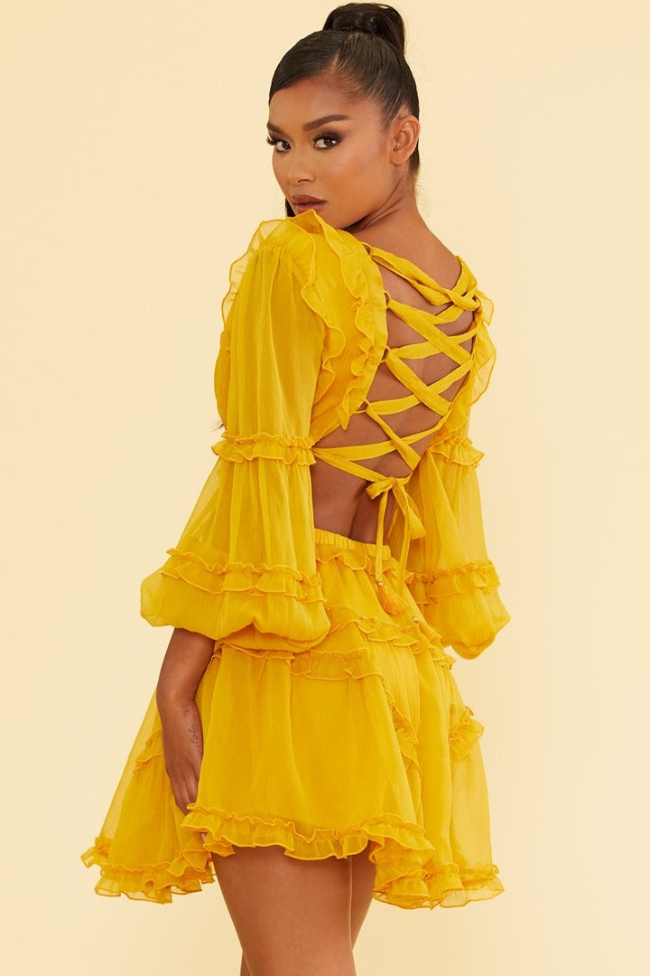 Elegant Mustard V-Neck Ruffle Cut-Out Back Tie-Up Dress with Long Sleeve