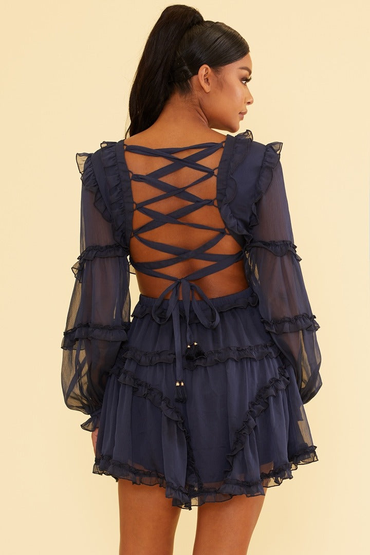 Elegant Navy V-Neck Ruffle Cut-Out Back Tie-Up Dress with Long Sleeve