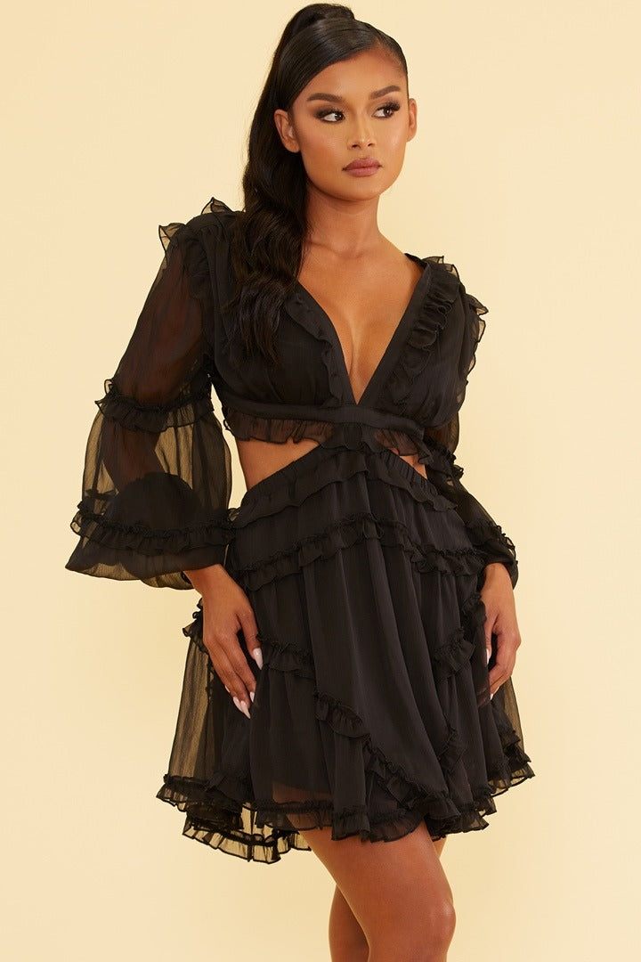Elegant Black V-Neck Ruffle Cut-Out Back Tie-Up Dress with Long Sleeve L / Black Elegant Black V-Neck Ruffle Cut-Out Back Tie-Up Dress with Long Sleeve L / Black