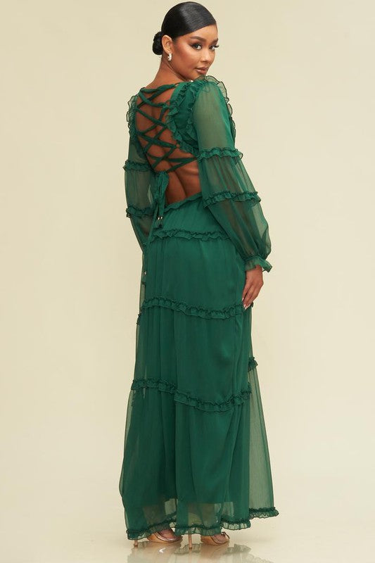 Elegant Hunter Green V-Neck Ruffle Cut-Out Back Tie-Up Maxi Dress with Long Sleeve